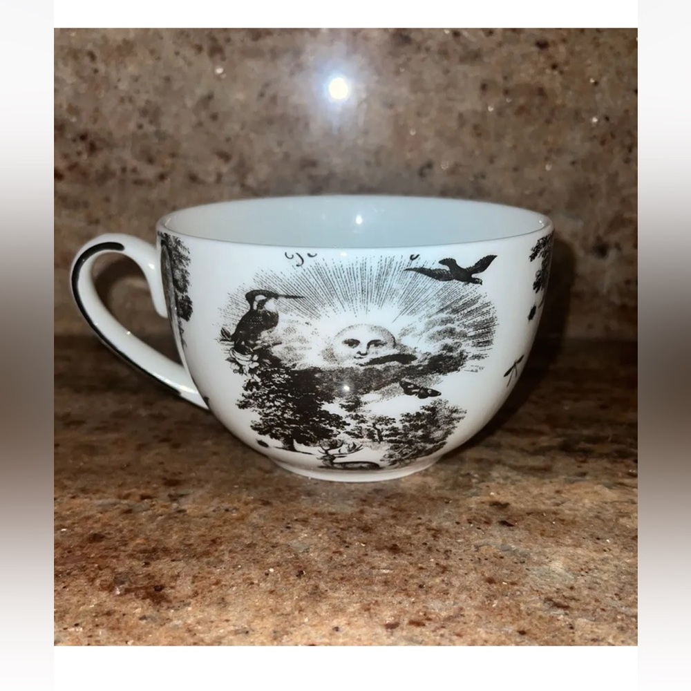 H & M Black White Mug Sun Birds Tree